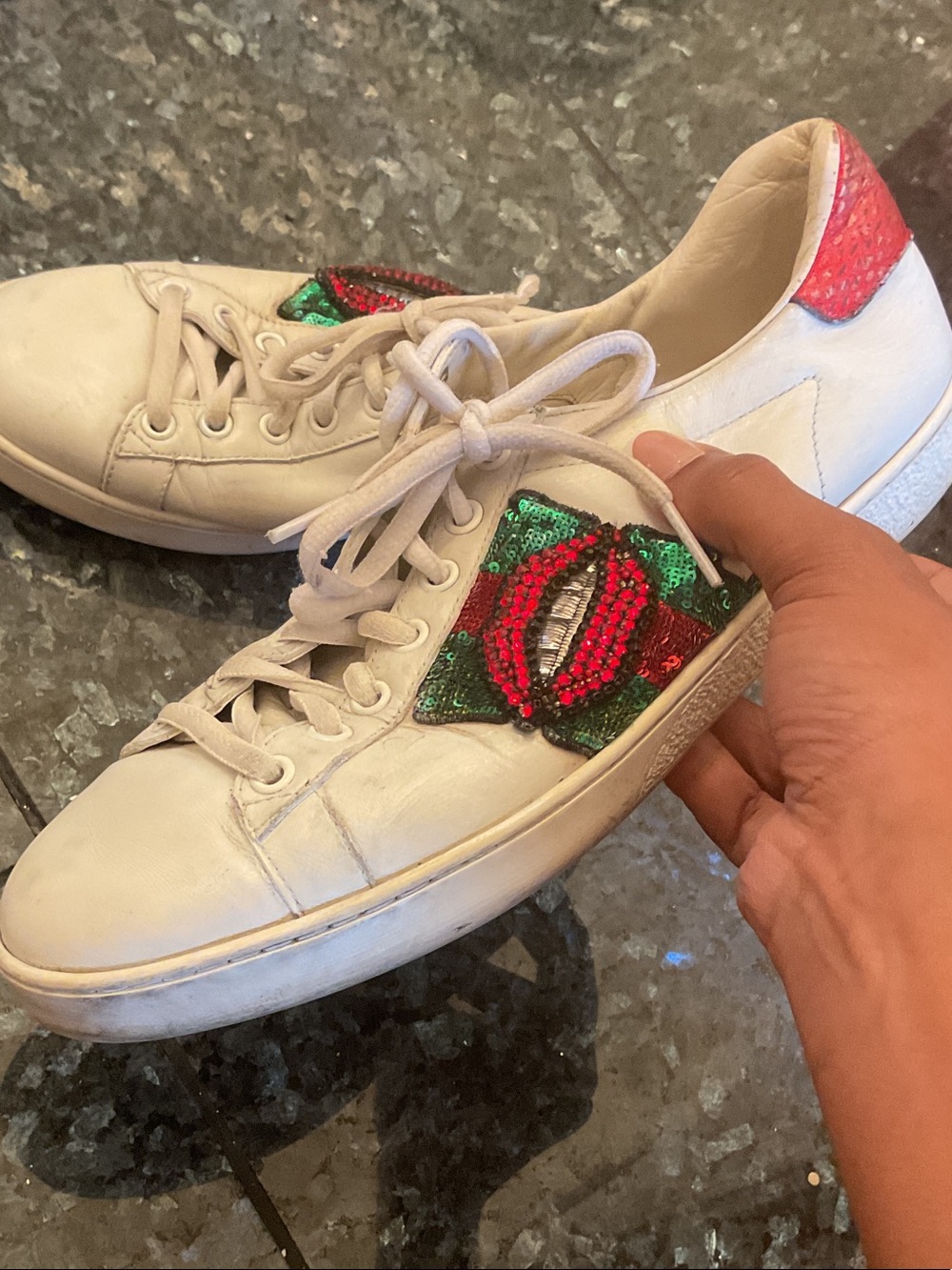 Gucci White Leather Sneakers with Red & Green Sequin Patch
